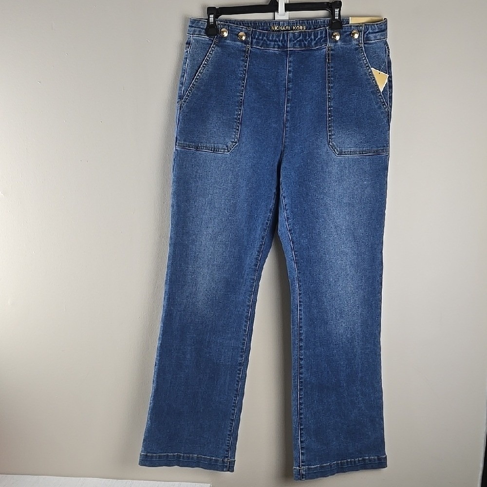 Michael Kors Womens Sailor Wide Leg Jeans Medium Wash Blue‎ Gold Buttons Size 14